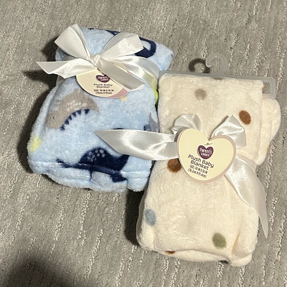 Two NWT Baby Blankets - White with Polka Dots, Blue with Dinos